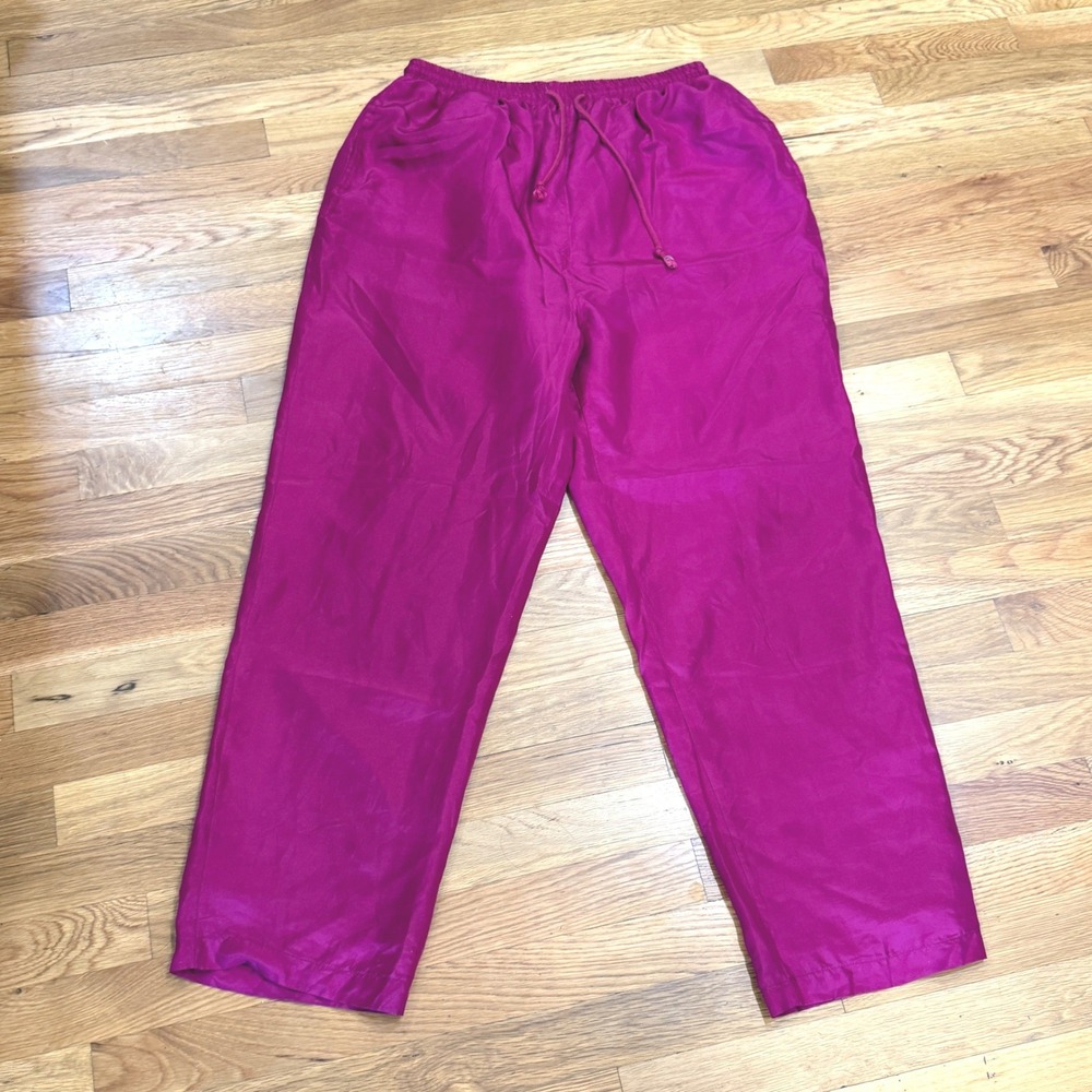Vintage 100% Silk Magenta Pink Relaxed Drawstring Pants Lined Plus Size XL